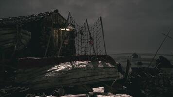 CGI Dark coastal setting with fishing boats and a stormy sky during nighttime video