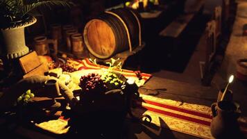CGI An inviting spread of food and drinks on a rustic wooden table at dusk video