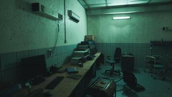 CGI A dimly lit office with cluttered desks and a vacant chair during late hours video