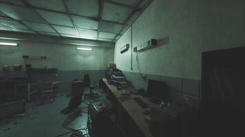 CGI Abandoned office space with cluttered desk and dim lighting in a quiet room video