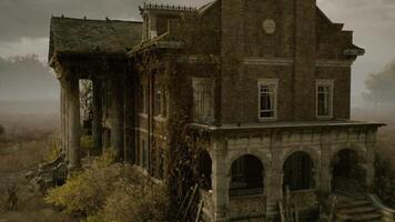 CGI Abandoned mansion overgrown with vegetation in a misty landscape at twilight video
