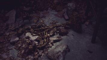 CGI Ancient artifact lying amid rubble in a dimly lit setting video