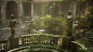 CGI Forgotten garden with statues and overgrown plants at an abandoned location video