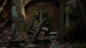CGI Abandoned building interior reveals nature reclaiming space in a dimly lit area video
