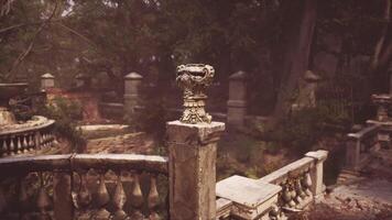 CGI Overgrown garden with ornate stone features in a secluded area video