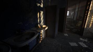 CGI Old restroom with cracked sink and shadows in abandoned building video