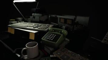 CGI Old technology gathering dust in a dimly lit workspace during evening hours video