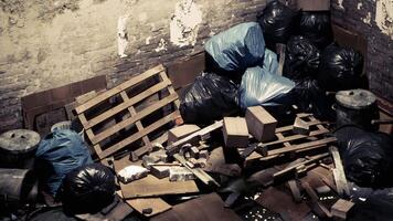 CGI Overflowing trash in an abandoned space with scattered debris and pallets video