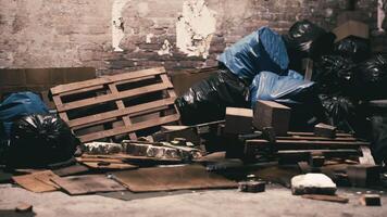 CGI Discarded materials and trash pile in an abandoned warehouse setting video