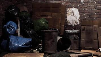 CGI Cluttered storage room filled with waste and cardboard boxes during the day video