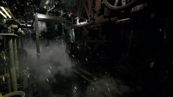 CGI Industrial machinery operating in a dimly lit workshop with smoke video