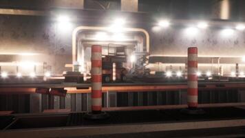CGI Construction site illuminated at night with safety barriers and machinery video