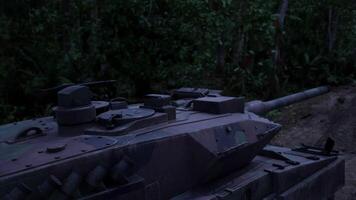CGI Military tank positioned in dense jungle environment at dusk video