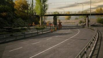 CGI Road construction near a bridge in an urban environment during daytime video