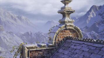 CGI Explore ancient rooftop architecture amidst majestic mountain scenery video