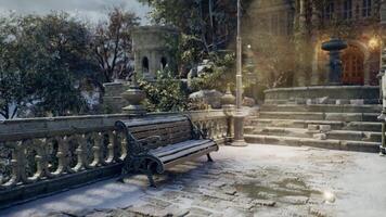 CGI Old stone steps with a bench in a winter landscape surrounded by trees video