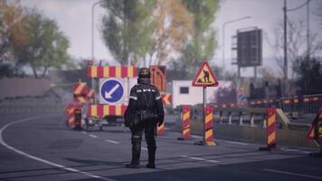 CGI Worker directs traffic at road construction site in urban environment video