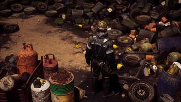 CGI Worker assessing hazardous materials in a cluttered recycling area video