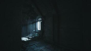 CGI Light filters through an abandoned room with old stone walls and debris video