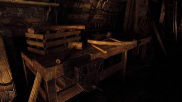 CGI Rustic wooden workbench in a dimly lit workshop filled with tools video