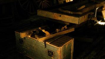 CGI Vintage woodworking tools and a workbench in a rustic workshop setting video