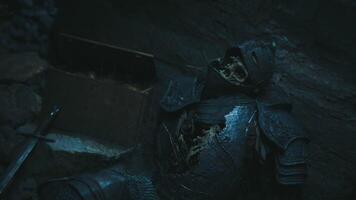 CGI Forgotten knight lies in a dark cave, surrounded by remnants of the past video