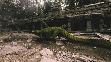 CGI Crocodile navigating over ancient ruins in a dense jungle setting video