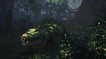 CGI Crocodile lurking in dense tropical vegetation at dawn in the wild video