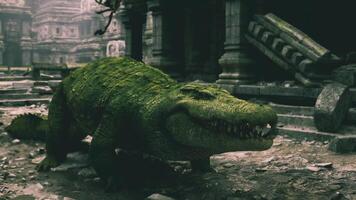 CGI Majestic crocodile resting in ancient ruins surrounded by green foliage video