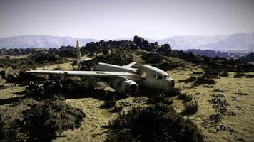 CGI Plane crash site in remote mountainous area with rocky terrain and vegetation video