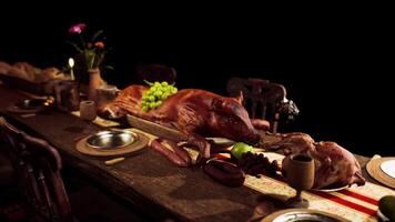 CGI A lavish feast featuring various foods and drinks on a rustic table setting video