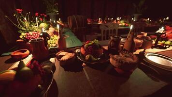 CGI A festive gathering with a variety of food and drinks on a rustic table video