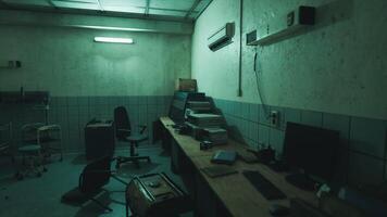 CGI Abandoned office space with disordered furniture and dim lighting at night video