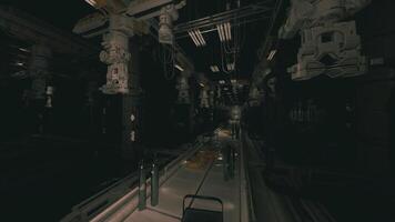 CGI Mysterious industrial interior with towering machinery in a dark setting video