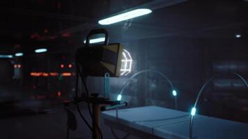 CGI Advanced laboratory setup with high tech equipment illuminated by blue light video