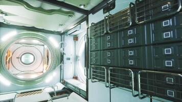 CGI Interior view of a space station module with storage and circular window video