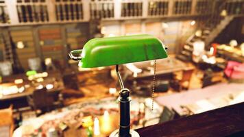 CGI Old library with vintage green lamp and cozy reading spaces video