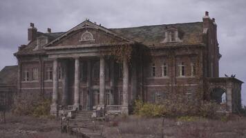 CGI Abandoned mansion with overgrown garden and dramatic sky at dusk video