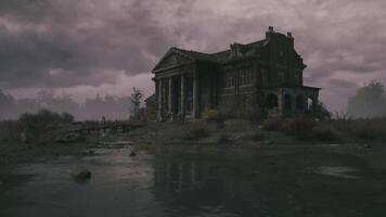CGI Haunted mansion in a desolate landscape under gloomy sky at dusk video