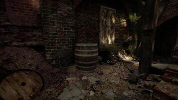 CGI Old stone cellar featuring a wooden barrel and ancient wall artwork video