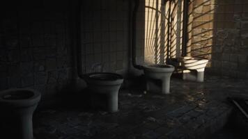 CGI Old restroom with empty urinals and shadows from sunlight video