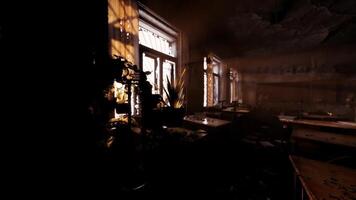 CGI Abandoned classroom filled with dust and dim light during the day video
