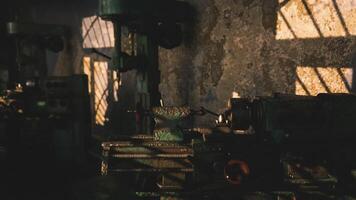 CGI Light casting shadows on tools in an old workshop during golden hour video