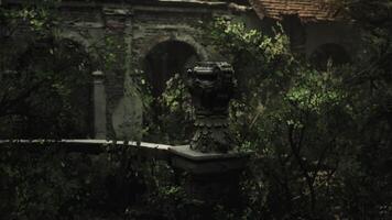 cgi övergiven strukturera bevuxen med vegetation i en tyst skog miljö video