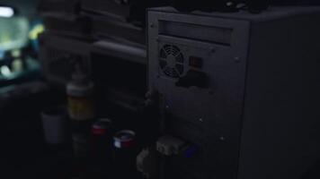 CGI Industrial equipment detail in a dimly lit workspace during evening hours video