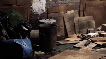 CGI Nighttime storage space cluttered with discarded boxes and items video