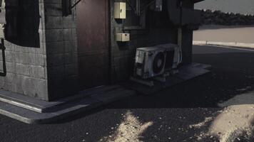 CGI Street corner building with air conditioning units and sandy ground at sunset video