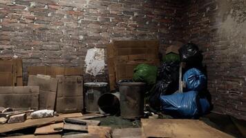 CGI Messy storage with trash and discarded items in an abandoned place video