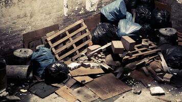 CGI Urban waste accumulation in a neglected alleyway during daylight hours video