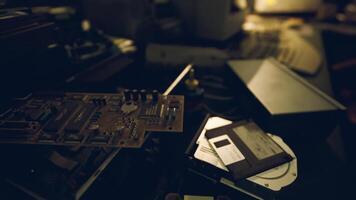 CGI Cluttered workstation at dusk with old circuit boards and disks video